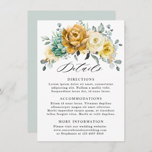 Senf Gelbe Blumenzange Hochzeitsdetails Begleitkarte (Vorne/Hinten)