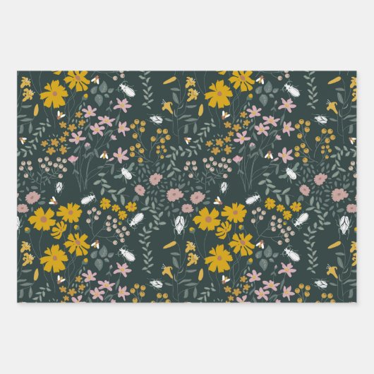 Senf Käfer und Bienen Bohemische Wildblumen Geschenkpapier Set (Vorderseite 2)