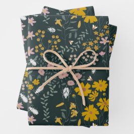 Senf Käfer und Bienen Bohemische Wildblumen Geschenkpapier Set