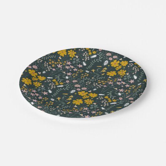 Senf Käfer und Bienen Bohemische Wildblumen Pappteller (Schrägansicht)