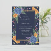 Senf Mitternacht Hydrangee Eukalyptus Hochzeit Einladung (Stehend Vorderseite)