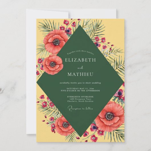 Senf-Mohn-Palmen-Hochzeit Einladung (Vorderseite)