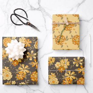 Senf Orange Blume Grüne Reben Blumenmuster Geschenkpapier Set