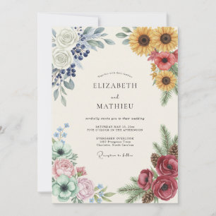 Senf-Sonnenblumen-Beeren-Hochzeit Einladung
