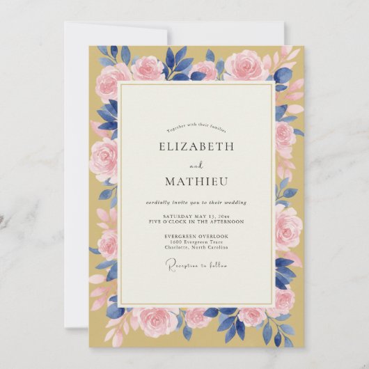 Senfblatt Rosa Rosenhochzeit Einladung (Vorderseite)
