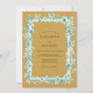 Senfblaue Blütenromanze Hochzeit Einladung