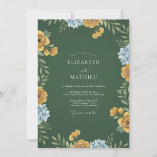 Senfblaue Immergrün-Wildblumen-Hochzeit Einladung