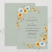 Senfblaue Ranunculus-Eukalyptus-Hochzeit Einladung (Vorne/Hinten)