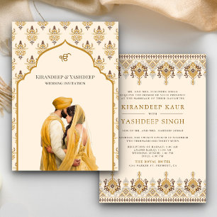 Senfgelb Creme Ikat Anand Karaj Sikh Hochzeit Einladung