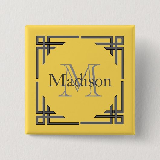 Senfgelb Graue Geometrische Rand Monogramm Name Button (Vorderseite)