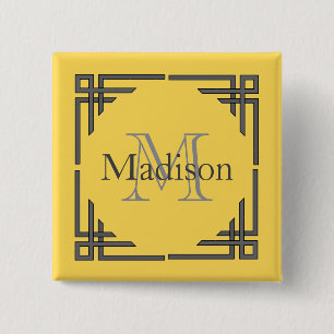Senfgelb Graue Geometrische Rand Monogramm Name Button