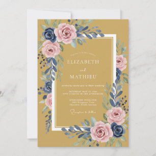 Senfgelb-Rosa-Rosen-Klassische Hochzeit Einladung