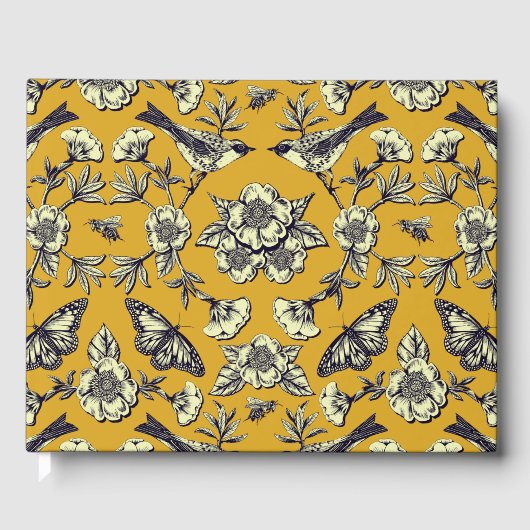 Senfgelb und Navy Vögel, Schmetterlinge und Blume Gästebuch (Vorderseite)