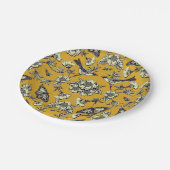 Senfgelb und Navy Vögel, Schmetterlinge und Blume Pappteller (Schrägansicht)