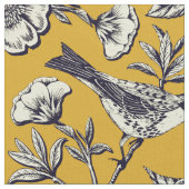 Senfgelb und Navy Vögel, Schmetterlinge und Blume Stoff (Nahaufnahme)