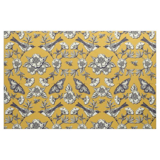 Senfgelb und Navy Vögel, Schmetterlinge und Blume Stoff (Fat Quarter (45,7 x 55,9 cm))