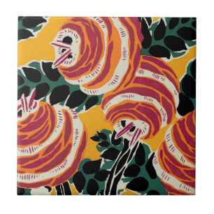Senfgelb und Orange Art Deco Floraldekoration Fliese