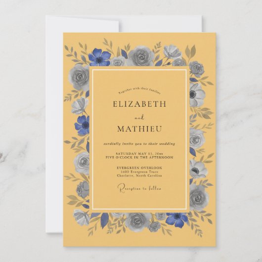 Senfgelbblaue Anemonen-Rustikal-Hochzeit Einladung (Vorderseite)