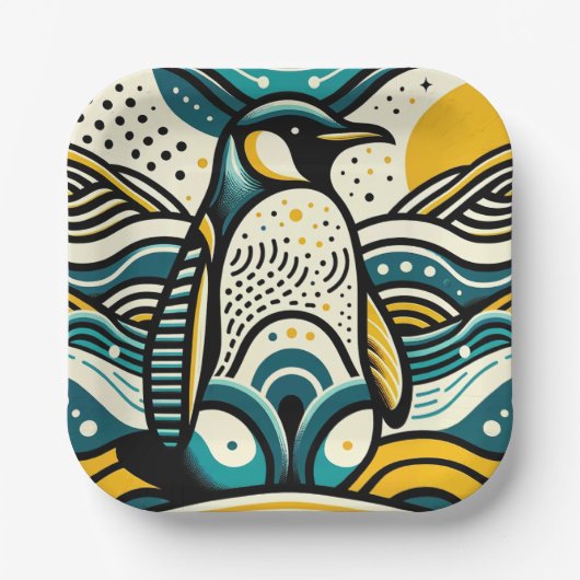 Senfgelbe Aquamarine Blaupinguine in Abstrakten We Pappteller (Vorderseite)