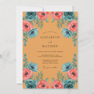 Senfgelbe Türkisblaue Wildblumen-Hochzeit Einladung