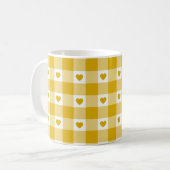 Senfgelbes Herz Karo Gingham Retro Farbe Kaffeetasse (Vorderseite Links)