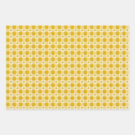 Senfgelbes Karo-Schamrock-Kleeblatt Retro-Farbe Geschenkpapier Set