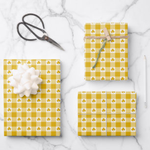 Senfgelbes Karo-Schamrock-Kleeblatt Retro-Farbe Geschenkpapier Set
