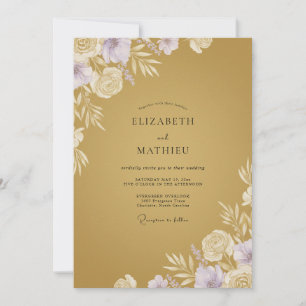 Senfgold-Lila-Laub-Eukalyptus-Hochzeit Einladung