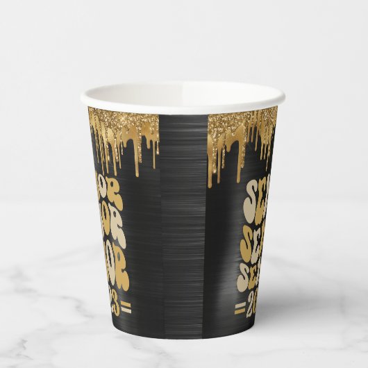 SENIOR 2023 SCHWARZ & GOLD GLITZER TROPFEN CUSTOM PAPPBECHER (Links)