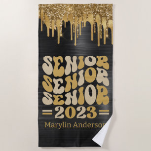 SENIOR 2023 SCHWARZ & GOLD GLITZER TROPFEN CUSTOM STRANDTUCH