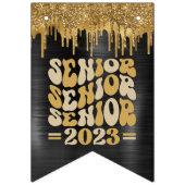 SENIOR 2023 SCHWARZ & GOLD GLITZER TROPFEN CUSTOM WIMPELKETTE (Dritte Fahne)