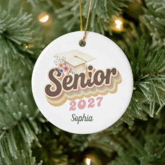Senior 2027 Erdtöne Florale Abschlussmütze Keramik Ornament