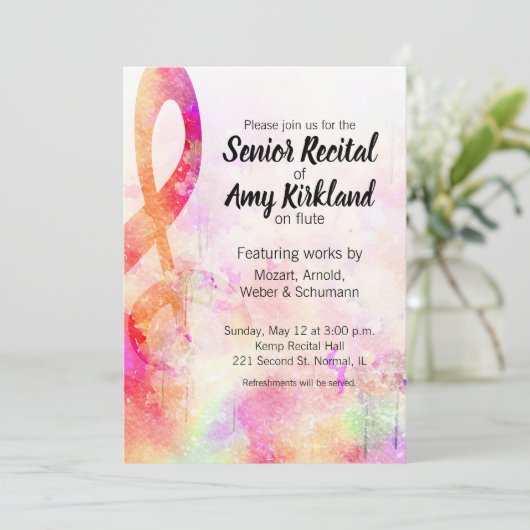 Senior Erwägung Watercolor Treble Clef Einladung (Stehend Vorderseite)