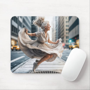 Senior Woman Jumping on Street Vent Mousepad