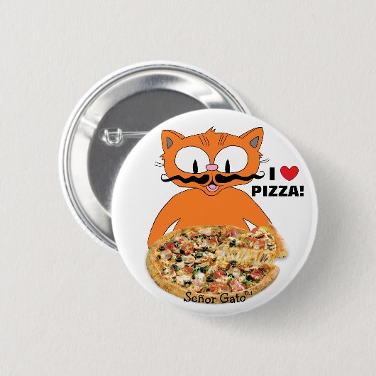 Señor Gato Cartoon Mustache Cat I Liebe Pizza! Button (Vorne & Hinten)