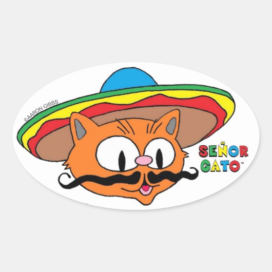 Senor Gato Cartoon Mustache Cat Ovaler Aufkleber (Vorderseite)