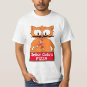 Señor Gato's Pizza-Cartoon Mustache Cat Funny T-Shirt (Vorderseite)