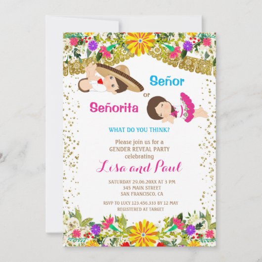 Señor oder Señorita Fiesta Gender Reveal Einladung (Vorderseite)