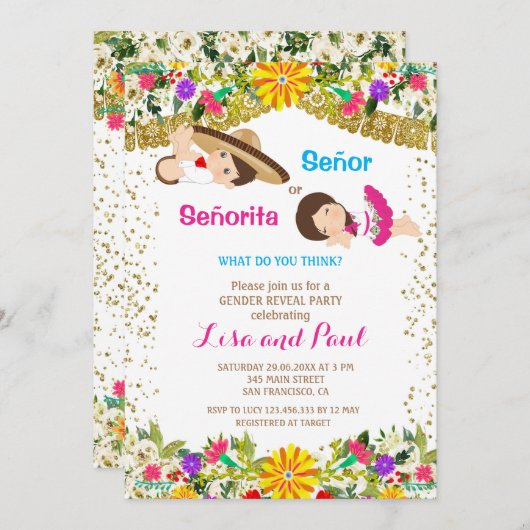 Señor oder Señorita Fiesta Gender Reveal Einladung (Vorne/Hinten)