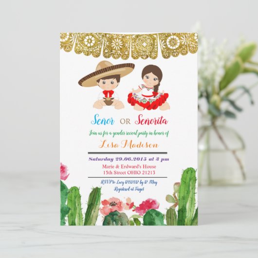 Señor oder Señorita Geschlecht Einladung Fiesta (Stehend Vorderseite)