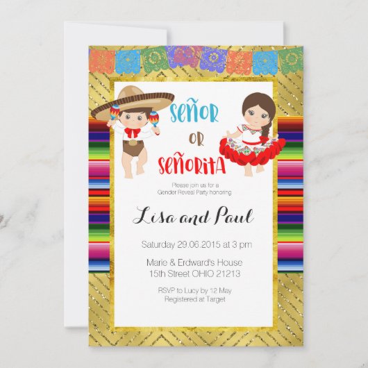 Señor oder Señorita Geschlecht Einladung Fiesta (Vorderseite)
