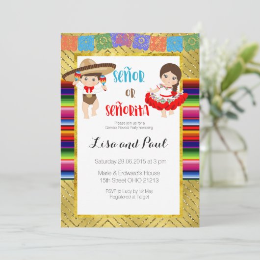 Señor oder Señorita Geschlecht Einladung Fiesta (Stehend Vorderseite)