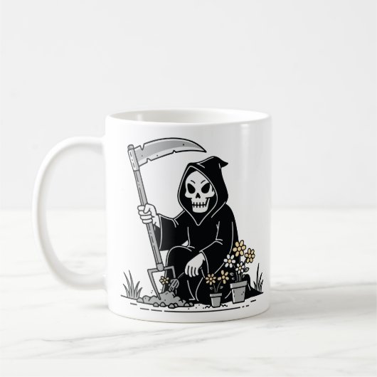 Sensenmann beim Gärtnern von Blumen Kaffeetasse (Links)