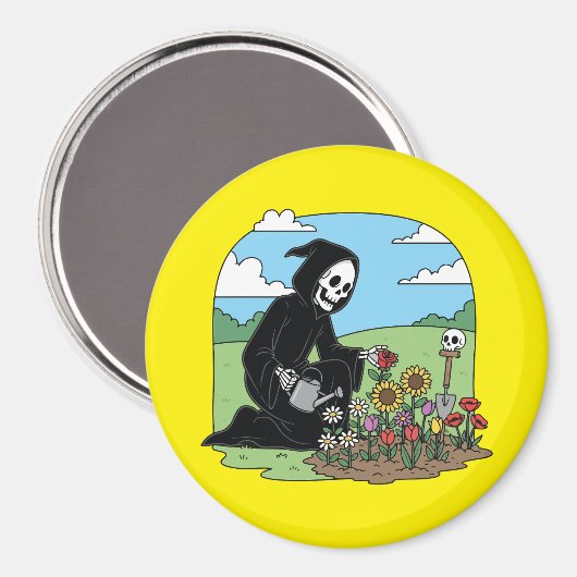 Sensenmann bewässert Blumen Magnet (Vorderseite/Rückseite)