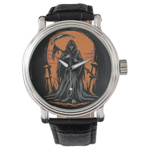 Sensenmann-Cartoon auf einem Friedhof bei Sonnenun Armbanduhr