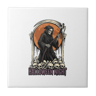Sensenmann Halloween Vintage Gravur Weißes Hemd Fliese