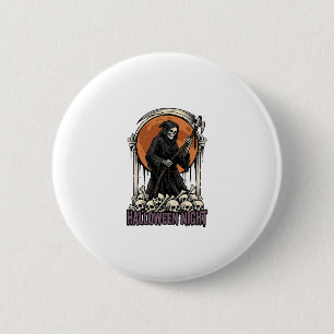 Sensenmann Halloween Vintage Gravur Weißes T-Shirt Button