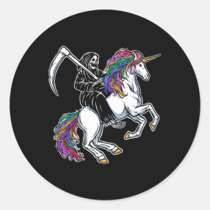 Sensenmann Reitet Einhorn Regenbogen Skelett Hallo Runder Aufkleber