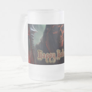 Sensenmann-Totenkopf-Halloween-Spooky-Kunst Mattglas Bierglas