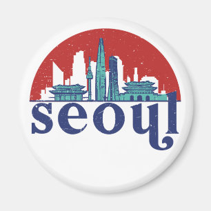 Seoul Korea Retro Sun City Skyline City Art Magnet